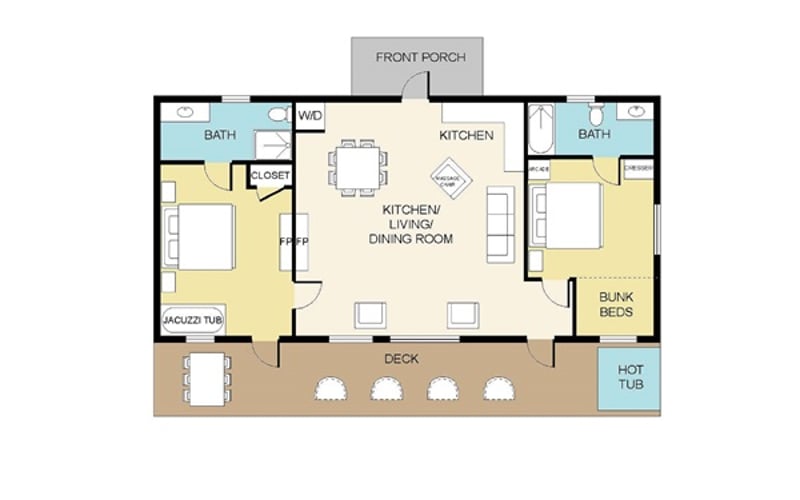 Lazy Bear Den floorplan:  Embracing simplicity and comfort with a cozy one-level cabin featuring two en-suite bedrooms and an inviting open floor plan.  